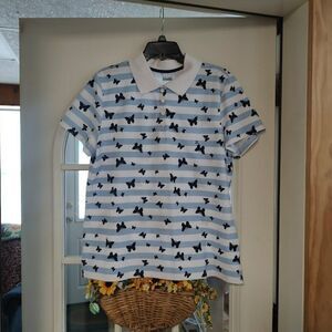 New Basic Editions Blue White Striped Butterflies 4 Button Polo Women's XL